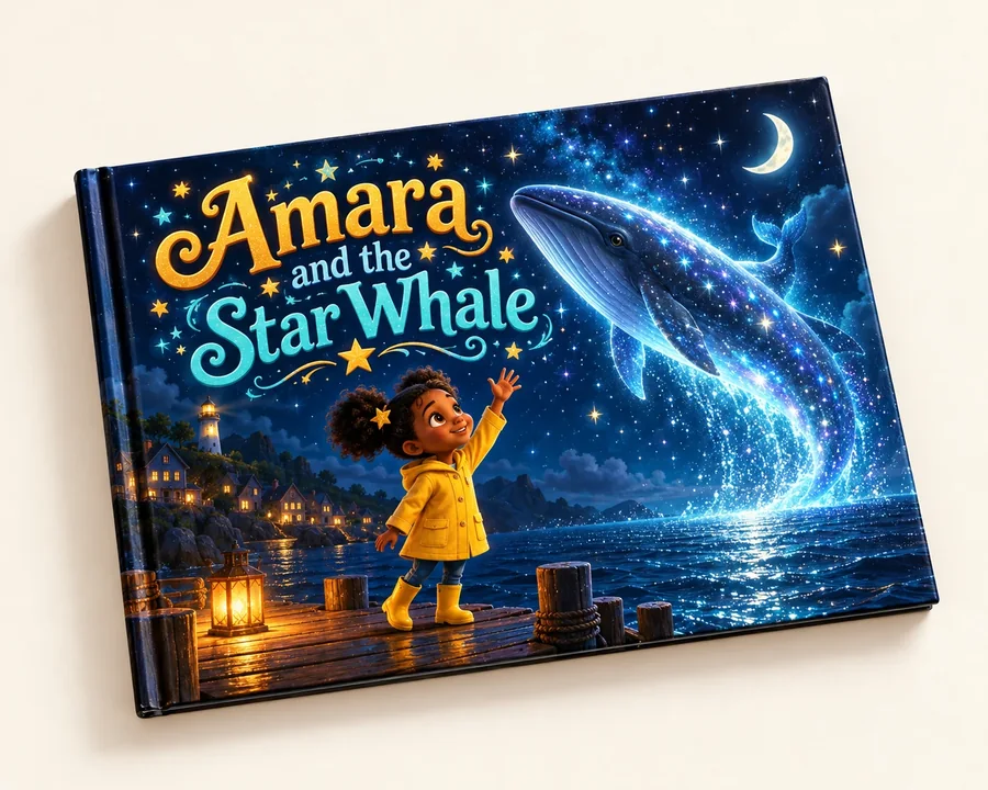 Sample cover: Amara and the Star Whale — a girl in a yellow raincoat waves to a glowing whale in the night sky