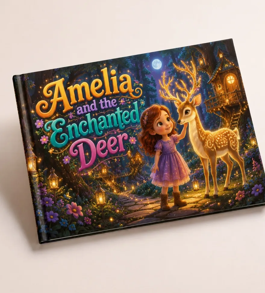Sample book: Amelia and the Enchanted Deer — a girl greets a glowing deer in a lantern-lit forest