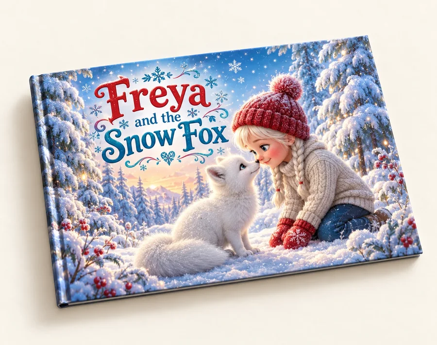 Sample cover: Freya and the Snow Fox — a girl in a red bobble hat nose to nose with a white fox in the snow