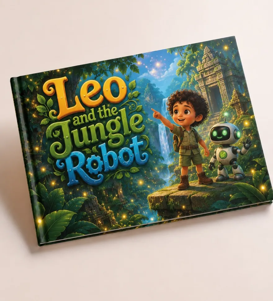 Sample book: Leo and the Jungle Robot — a boy and a little robot explore jungle ruins by a waterfall