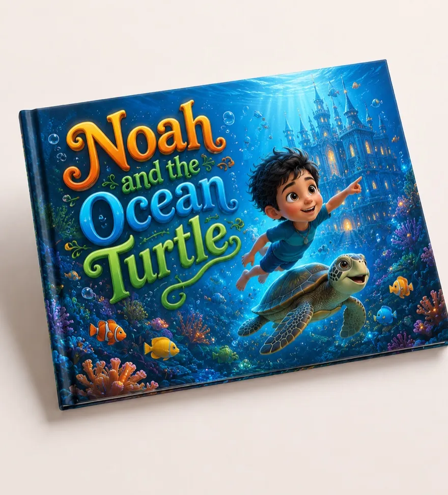 Sample book: Noah and the Ocean Turtle — a boy swims beside a sea turtle toward an underwater castle