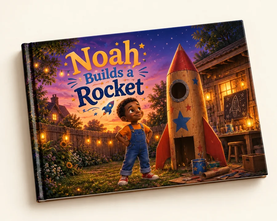 Sample cover: Noah Builds a Rocket — a boy in dungarees beside his cardboard rocket at sunset