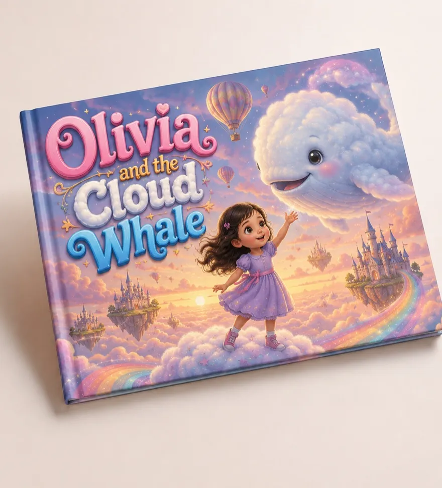 Sample book: Olivia and the Cloud Whale — a girl on a cloud reaches up to a friendly whale made of clouds