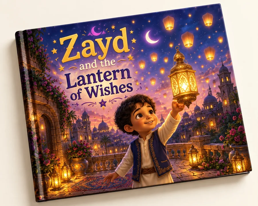 Sample cover: Zayd and the Lantern of Wishes — a boy holds a golden lantern under a sky of floating lights