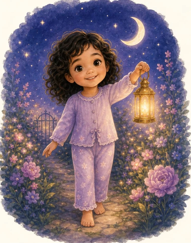 The same child illustrated as a soft watercolour storybook character, holding a glowing lantern in a moonlit garden