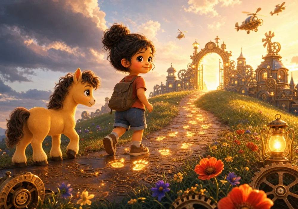 Layla and her pony Pip set off up a glowing path toward the brass gates as airships drift overhead