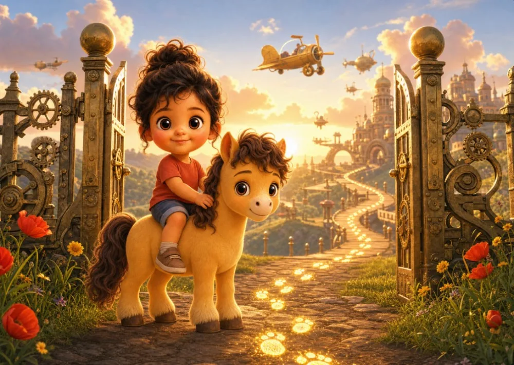 Layla rides her pony through the great golden gates toward Cogwheel Town