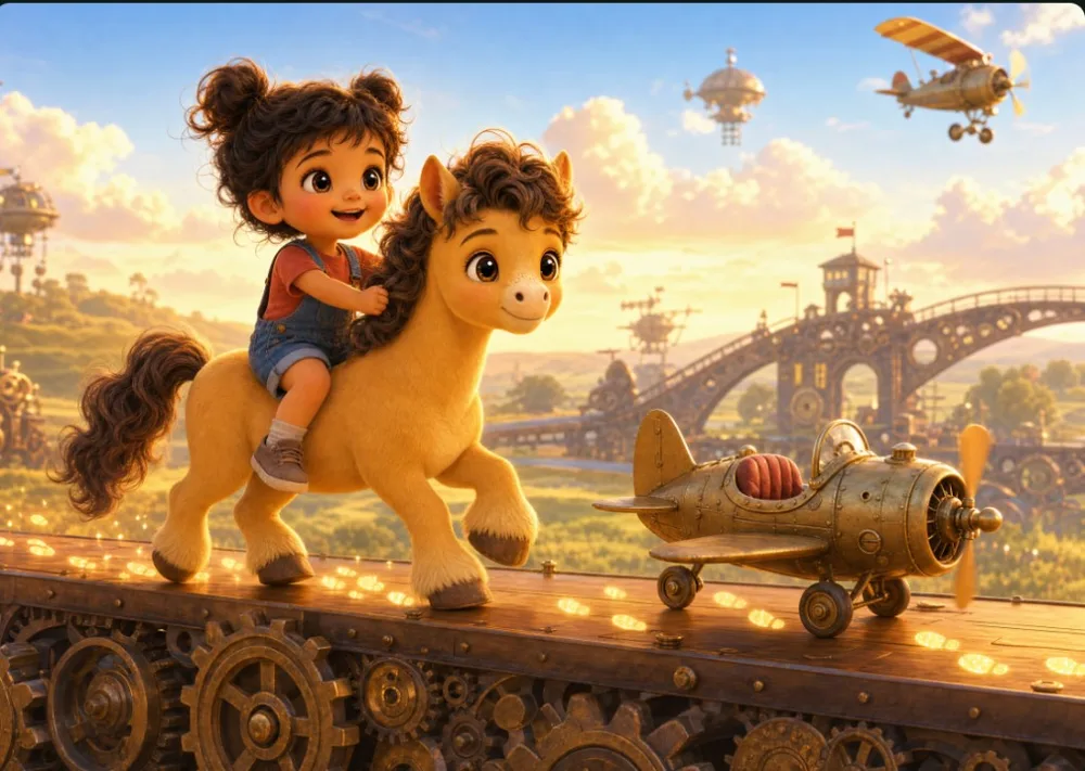 Layla and Pip trot along a wooden runway beside a shiny copper aeroplane