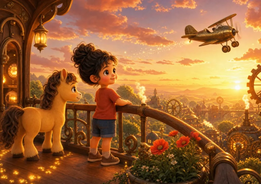 Layla and Pip watch a biplane sail across the sunset from a high balcony