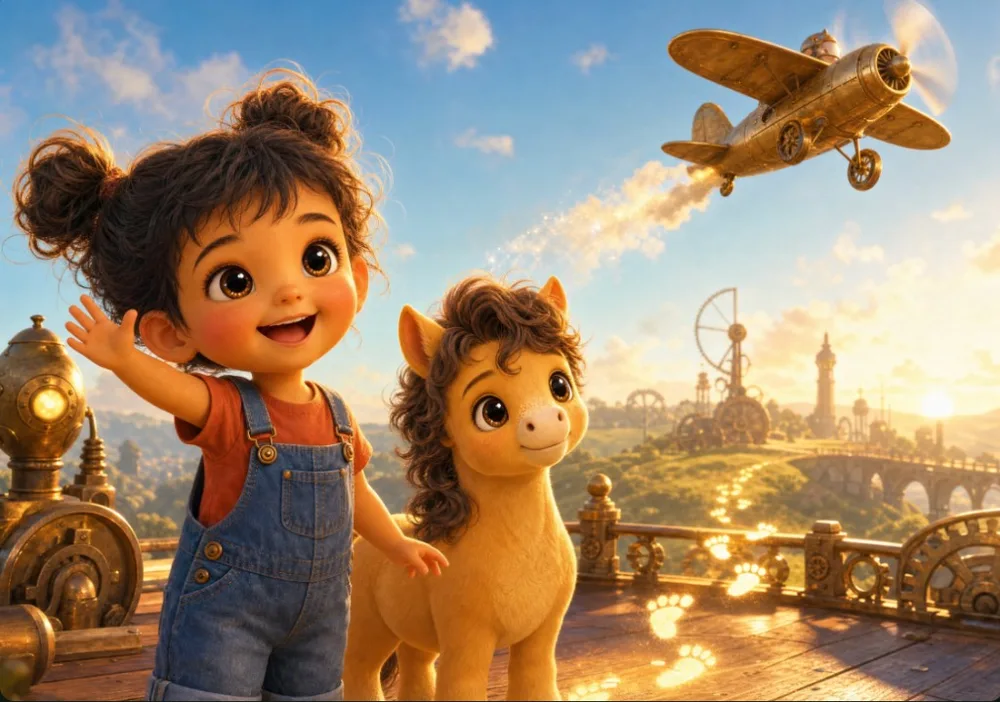 Layla waves up at a little gold biplane that dips its wings to her