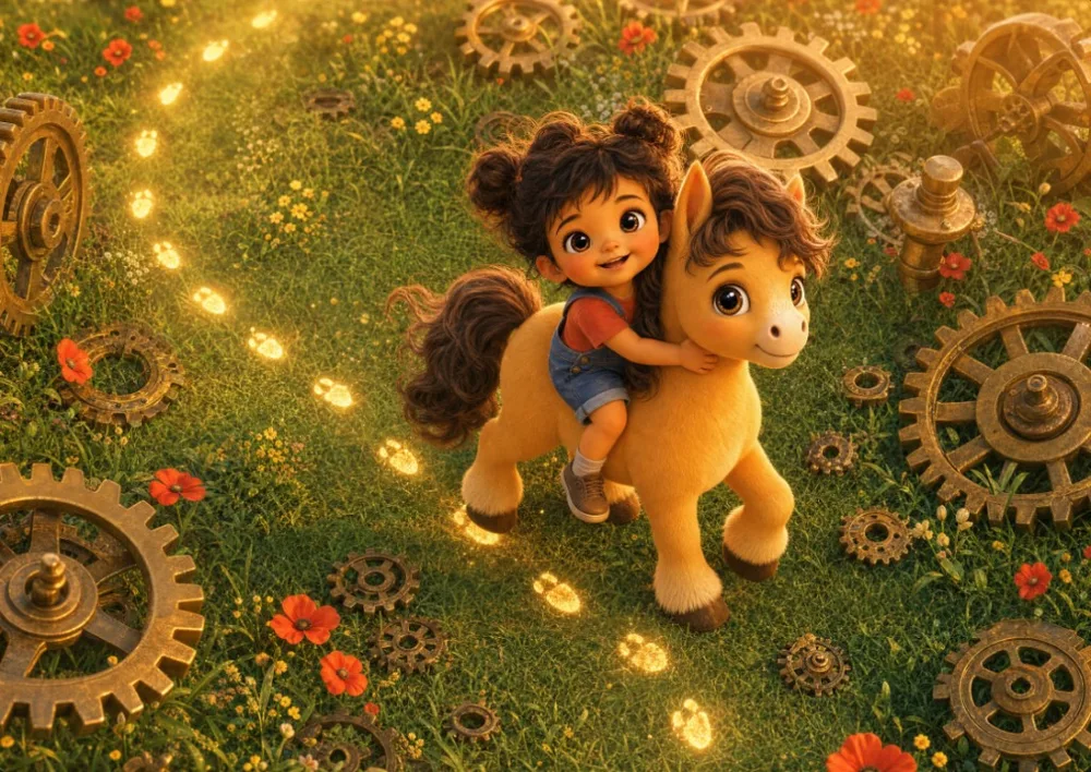 Layla hugs Pip as they ride home across a meadow of glowing gears at golden hour