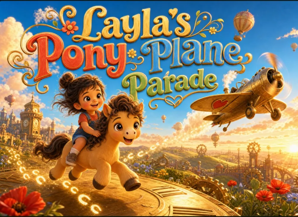 Book cover: Layla riding her pony past airships, with the title Layla’s Pony Plane Parade