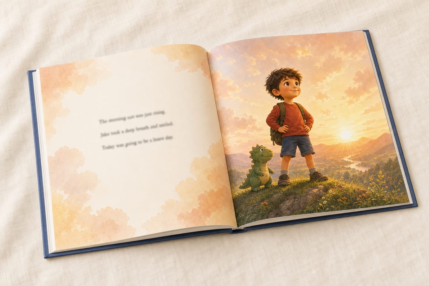 An open Tinytale hardback showing a sunrise hilltop illustration spread with story text