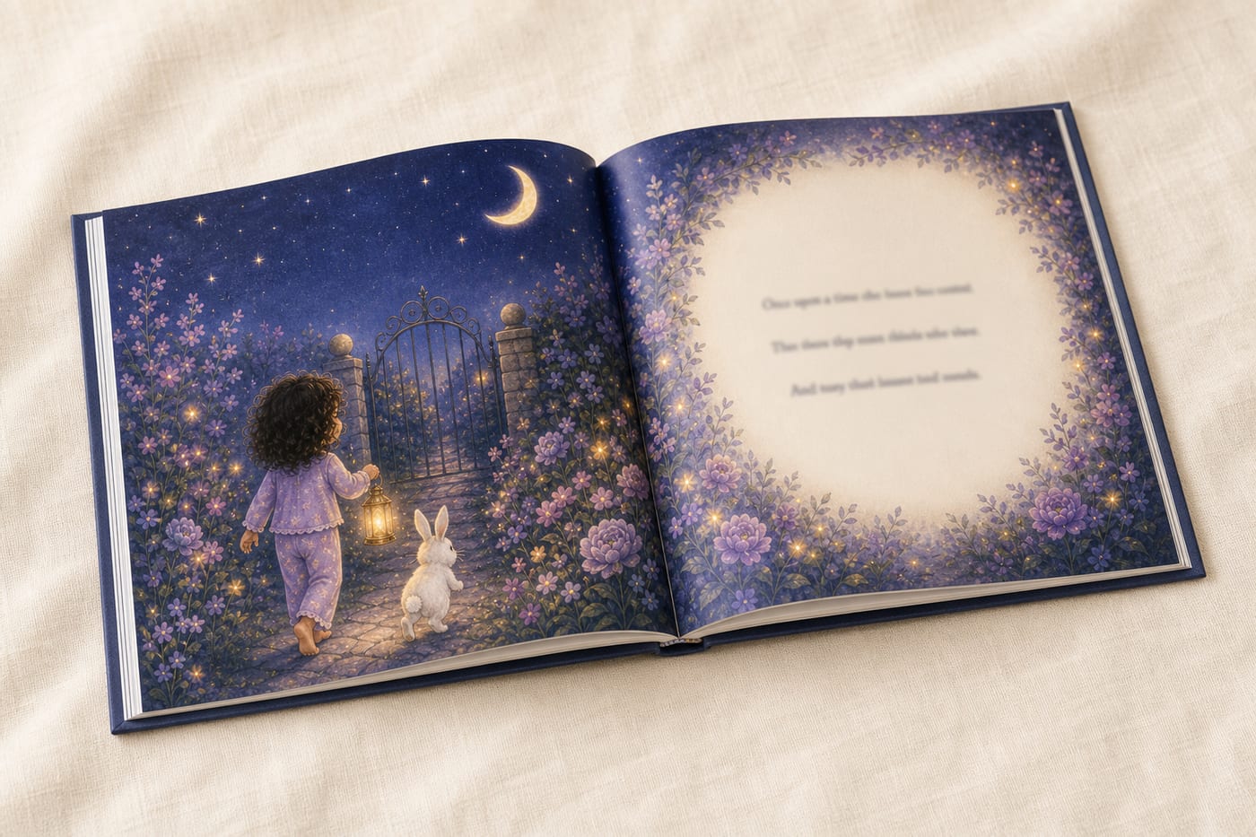 An open Tinytale hardback showing a moonlit garden illustration spread with story text