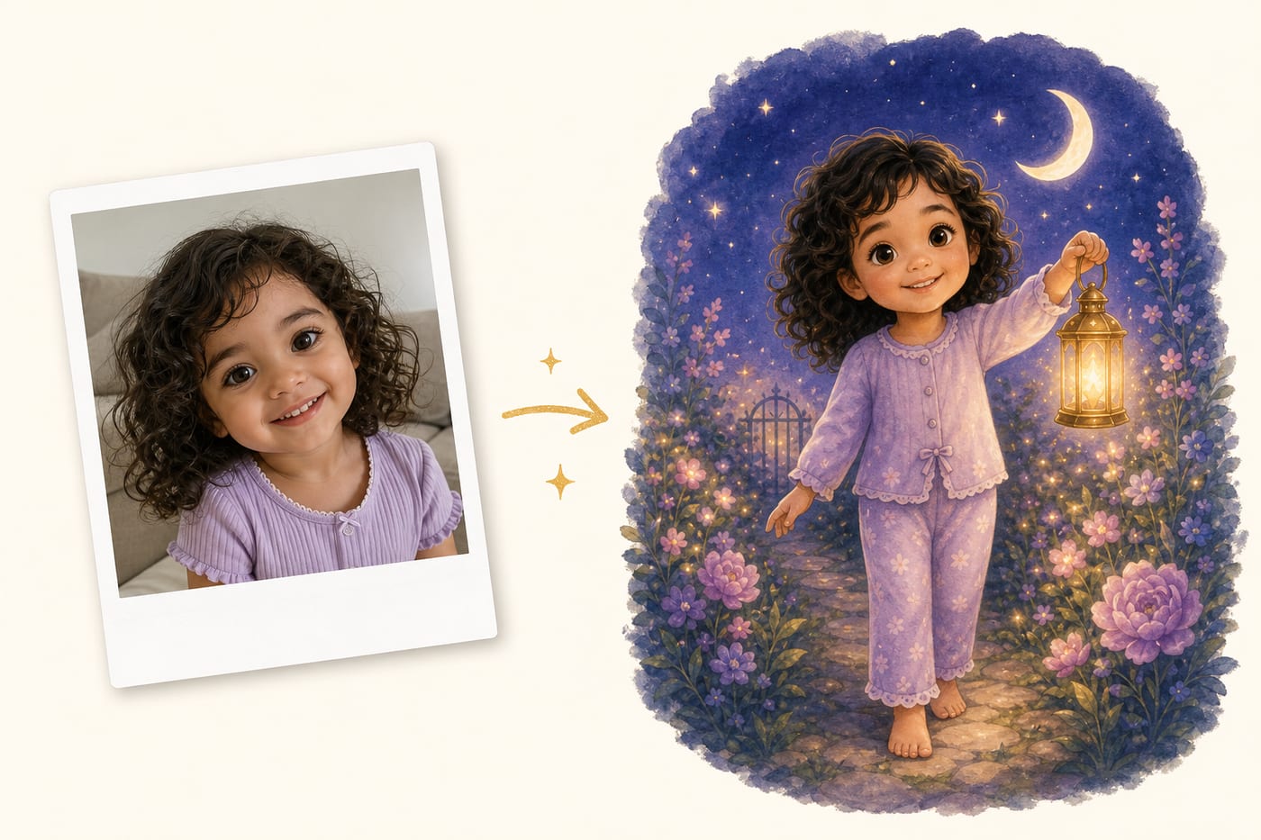 A casual photo of a young girl next to the same girl as a watercolour storybook character holding a lantern in a moonlit garden